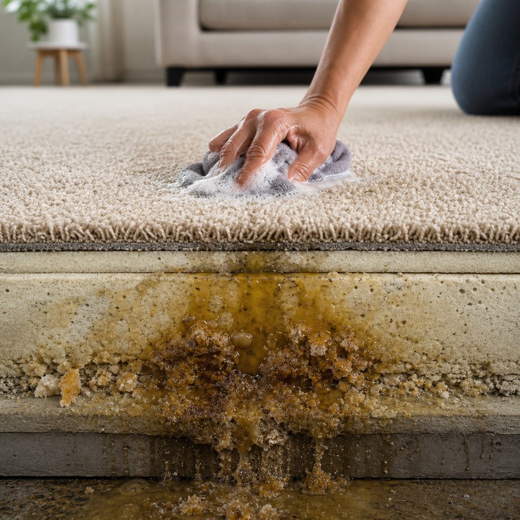 Cross-section of carpet showing crystals deep in the padding