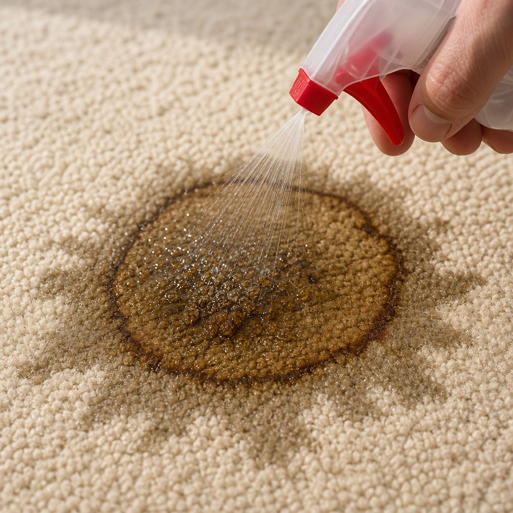 Spray bottle soaking a carpet spot with water