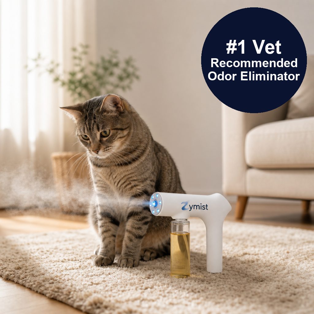 #1 vet recommended odor eliminator — Zymist misting a rug while a cat watches