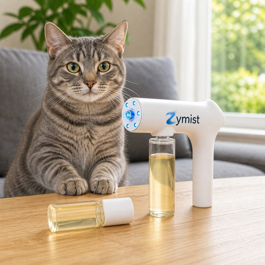Zymist device with refill bottle on a coffee table, happy cat behind